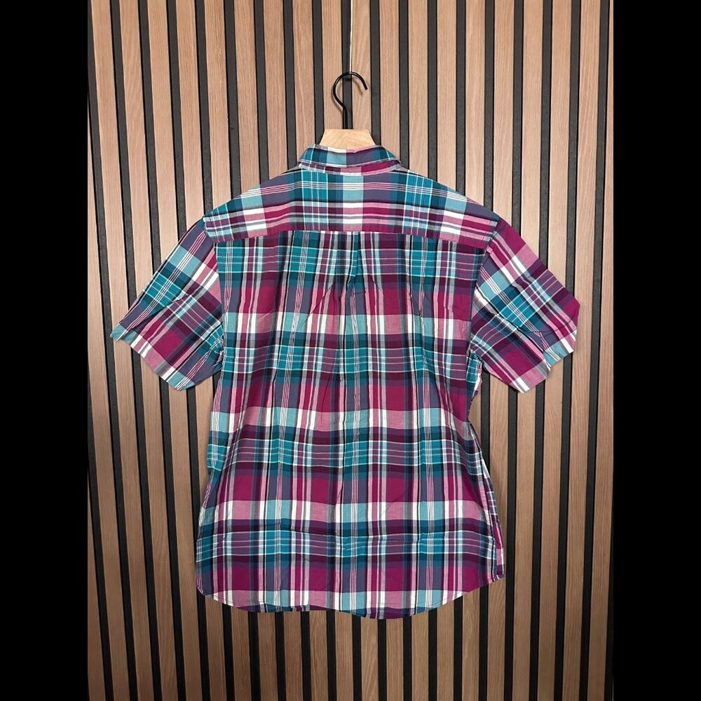 Old Navy Shirt Medium Blue Pink Check Plaid Short Sleeve Button Oxford Slim Fit - Picture 2 of 7